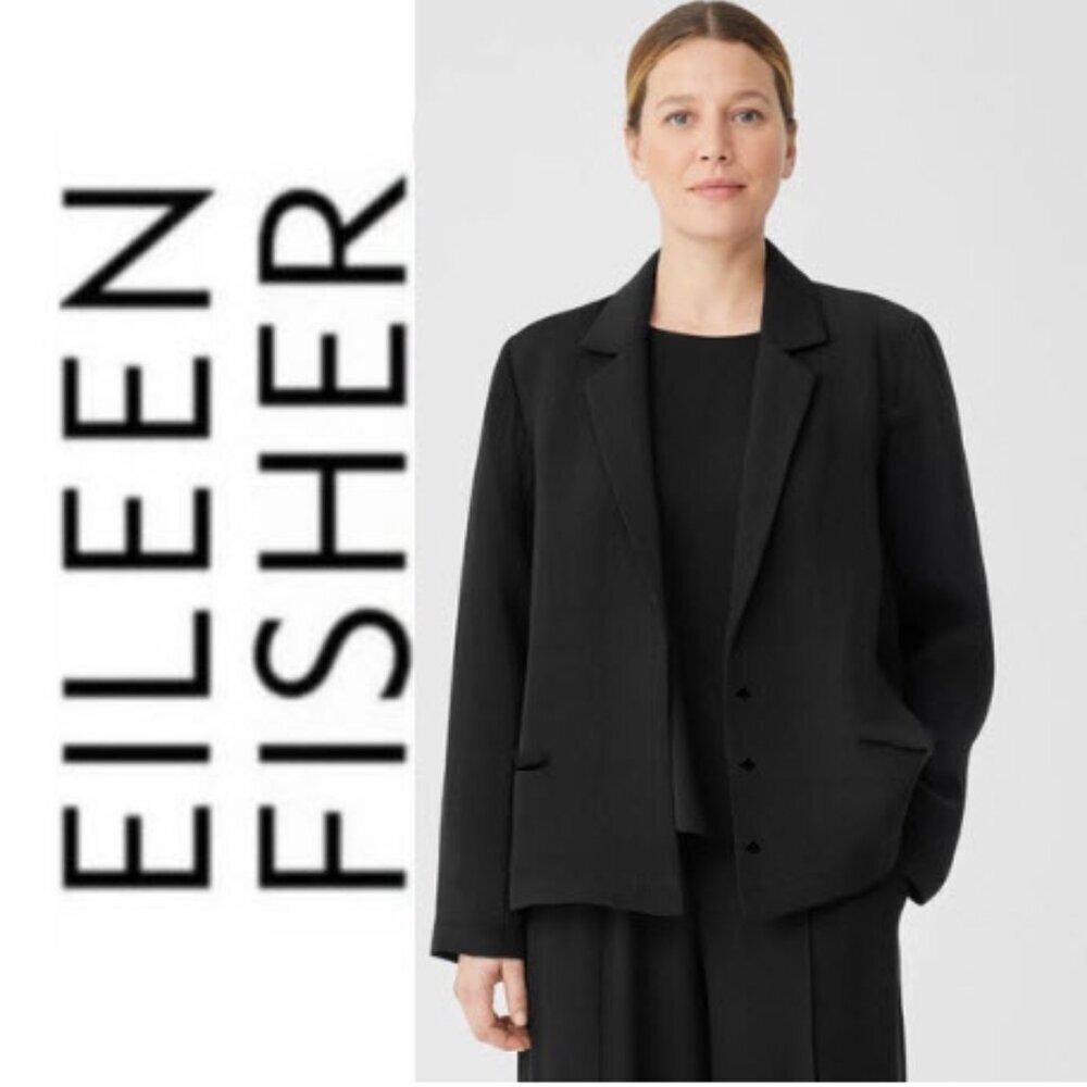 Eileen Fisher Silk Black Blazer Gauze Texture Magnetic Closure Size medium